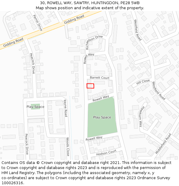 30, ROWELL WAY, SAWTRY, HUNTINGDON, PE28 5WB: Location map and indicative extent of plot