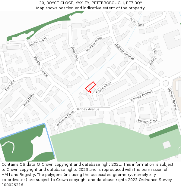 30, ROYCE CLOSE, YAXLEY, PETERBOROUGH, PE7 3QY: Location map and indicative extent of plot