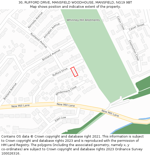 30, RUFFORD DRIVE, MANSFIELD WOODHOUSE, MANSFIELD, NG19 9BT: Location map and indicative extent of plot