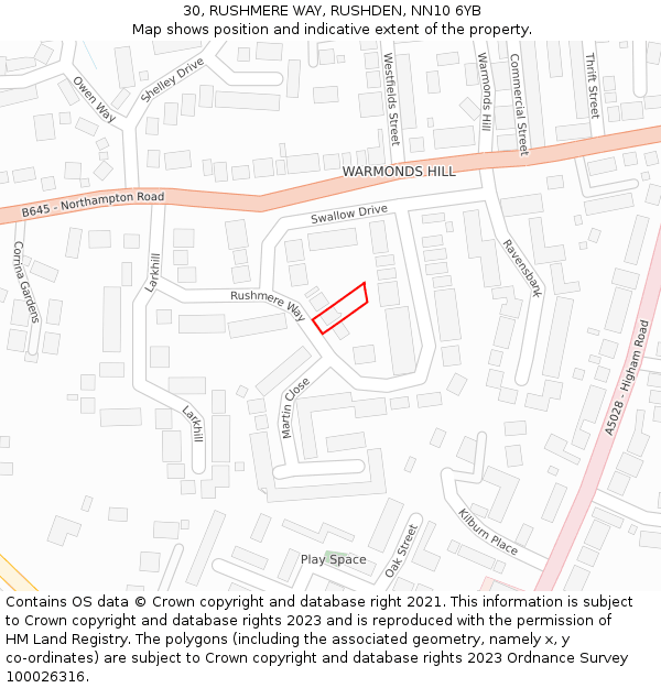 30, RUSHMERE WAY, RUSHDEN, NN10 6YB: Location map and indicative extent of plot