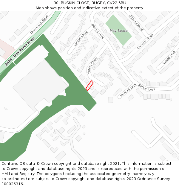 30, RUSKIN CLOSE, RUGBY, CV22 5RU: Location map and indicative extent of plot