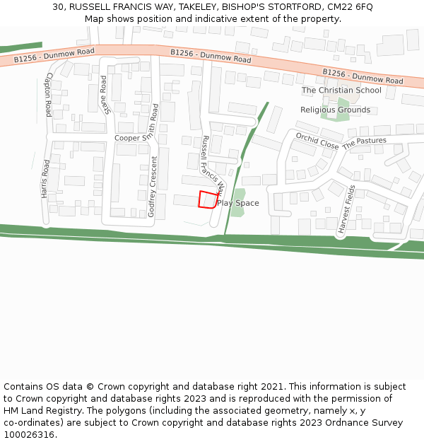 30, RUSSELL FRANCIS WAY, TAKELEY, BISHOP'S STORTFORD, CM22 6FQ: Location map and indicative extent of plot