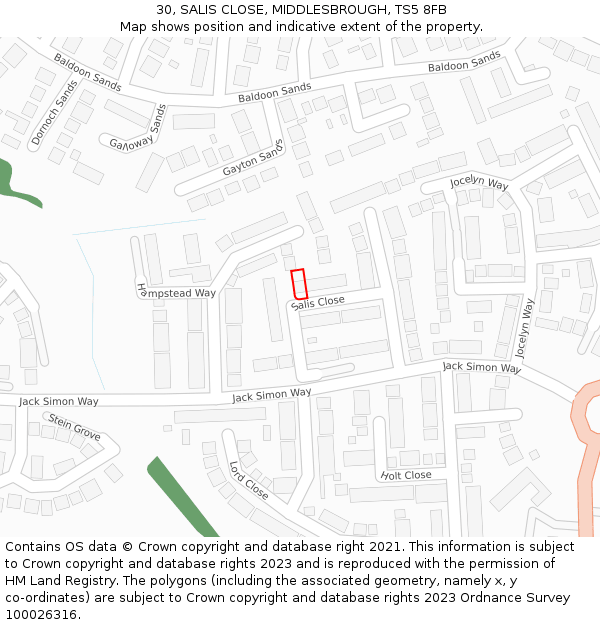 30, SALIS CLOSE, MIDDLESBROUGH, TS5 8FB: Location map and indicative extent of plot