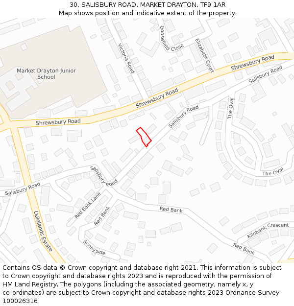 30, SALISBURY ROAD, MARKET DRAYTON, TF9 1AR: Location map and indicative extent of plot