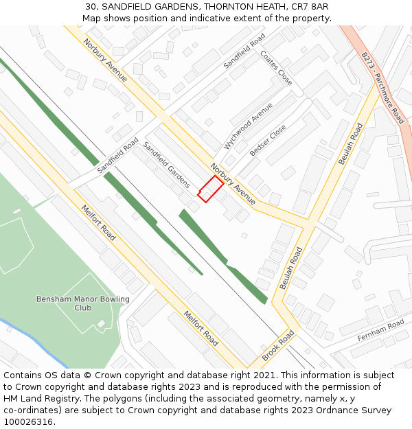 30, SANDFIELD GARDENS, THORNTON HEATH, CR7 8AR: Location map and indicative extent of plot