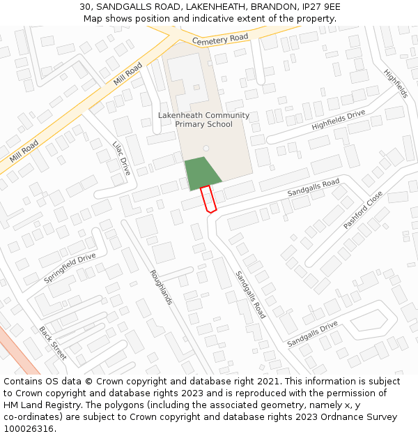 30, SANDGALLS ROAD, LAKENHEATH, BRANDON, IP27 9EE: Location map and indicative extent of plot