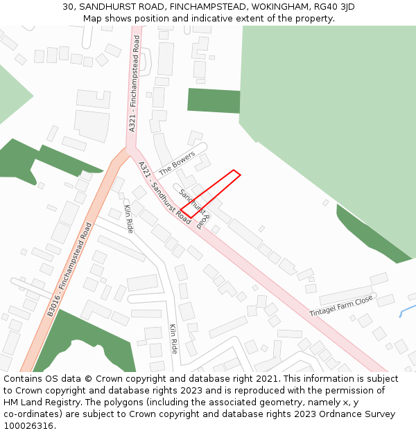 30, SANDHURST ROAD, FINCHAMPSTEAD, WOKINGHAM, RG40 3JD: Location map and indicative extent of plot