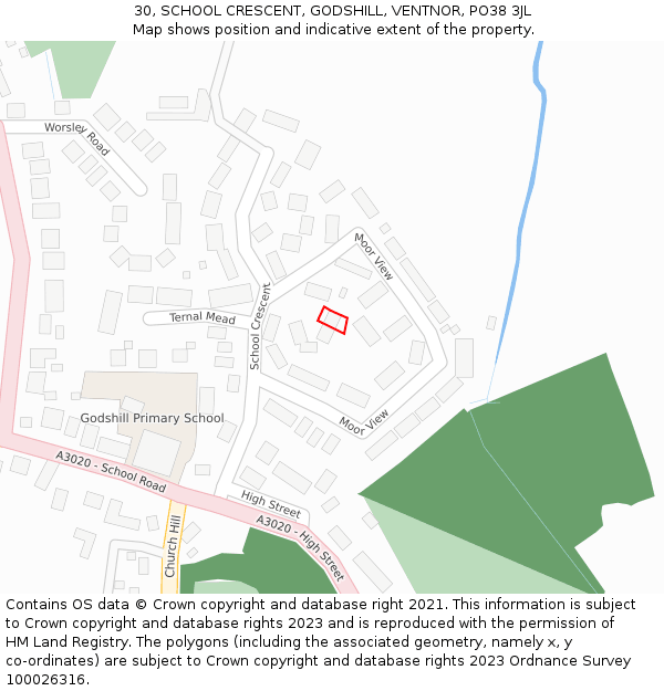 30, SCHOOL CRESCENT, GODSHILL, VENTNOR, PO38 3JL: Location map and indicative extent of plot