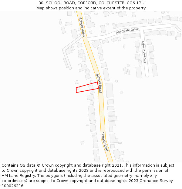 30, SCHOOL ROAD, COPFORD, COLCHESTER, CO6 1BU: Location map and indicative extent of plot