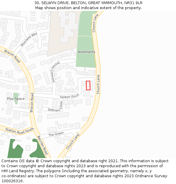 30, SELWYN DRIVE, BELTON, GREAT YARMOUTH, NR31 9LR: Location map and indicative extent of plot