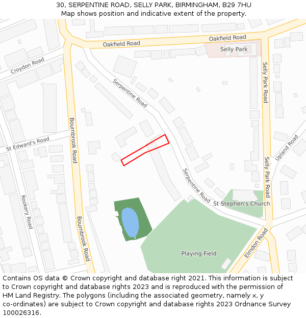 30, SERPENTINE ROAD, SELLY PARK, BIRMINGHAM, B29 7HU: Location map and indicative extent of plot