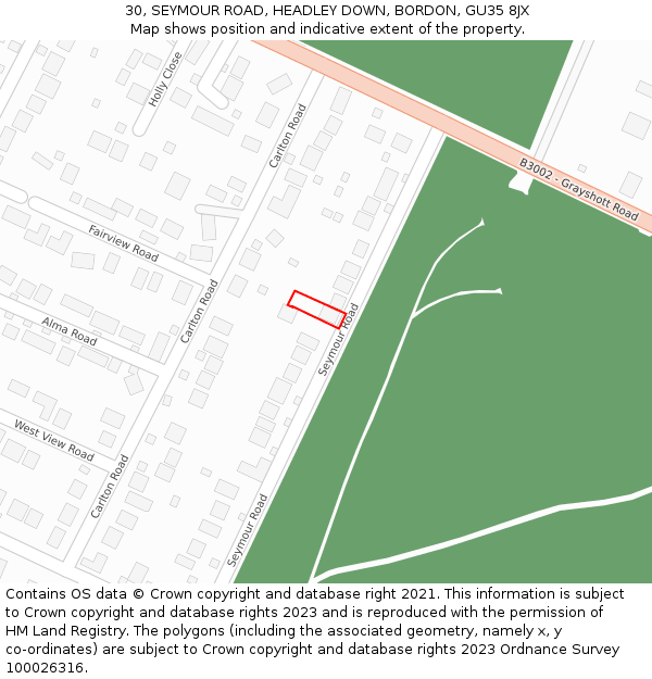 30, SEYMOUR ROAD, HEADLEY DOWN, BORDON, GU35 8JX: Location map and indicative extent of plot