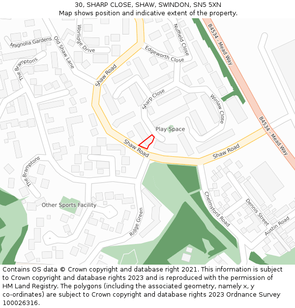 30, SHARP CLOSE, SHAW, SWINDON, SN5 5XN: Location map and indicative extent of plot