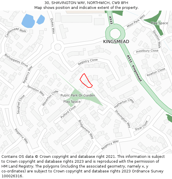 30, SHAVINGTON WAY, NORTHWICH, CW9 8FH: Location map and indicative extent of plot