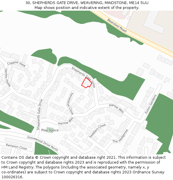 30, SHEPHERDS GATE DRIVE, WEAVERING, MAIDSTONE, ME14 5UU: Location map and indicative extent of plot