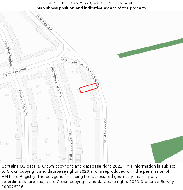 30, SHEPHERDS MEAD, WORTHING, BN14 0HZ: Location map and indicative extent of plot