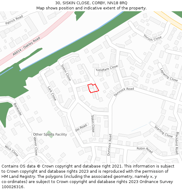 30, SISKIN CLOSE, CORBY, NN18 8RQ: Location map and indicative extent of plot