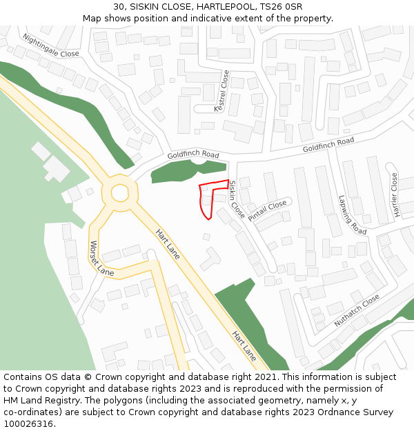 30, SISKIN CLOSE, HARTLEPOOL, TS26 0SR: Location map and indicative extent of plot