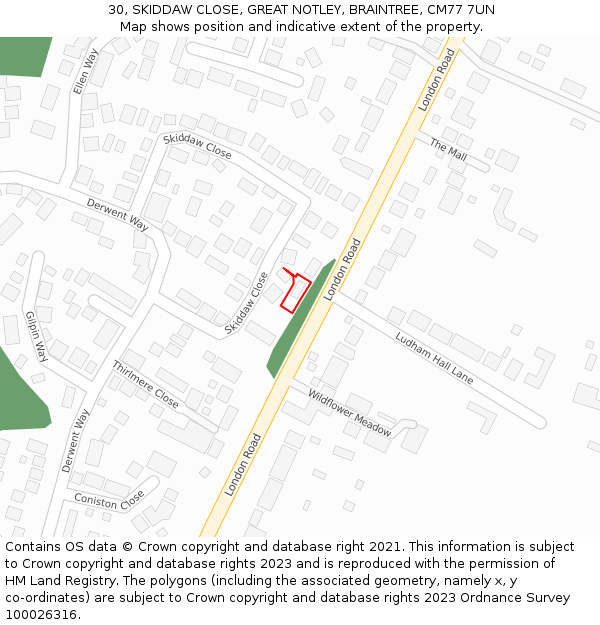 30, SKIDDAW CLOSE, GREAT NOTLEY, BRAINTREE, CM77 7UN: Location map and indicative extent of plot