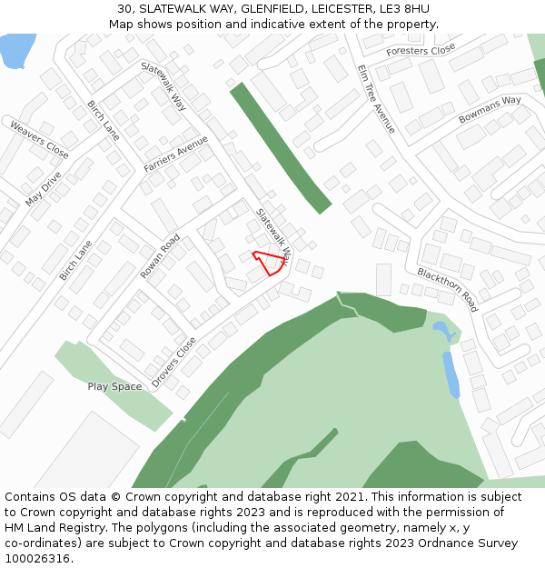 30, SLATEWALK WAY, GLENFIELD, LEICESTER, LE3 8HU: Location map and indicative extent of plot