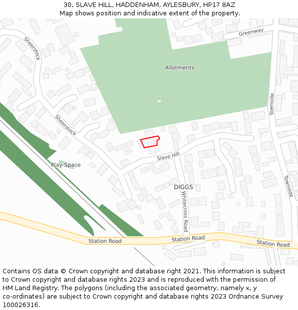 30, SLAVE HILL, HADDENHAM, AYLESBURY, HP17 8AZ: Location map and indicative extent of plot