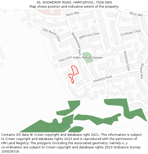 30, SNOWDROP ROAD, HARTLEPOOL, TS26 0WG: Location map and indicative extent of plot