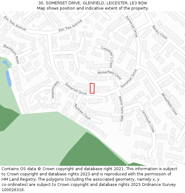 30, SOMERSET DRIVE, GLENFIELD, LEICESTER, LE3 8QW: Location map and indicative extent of plot