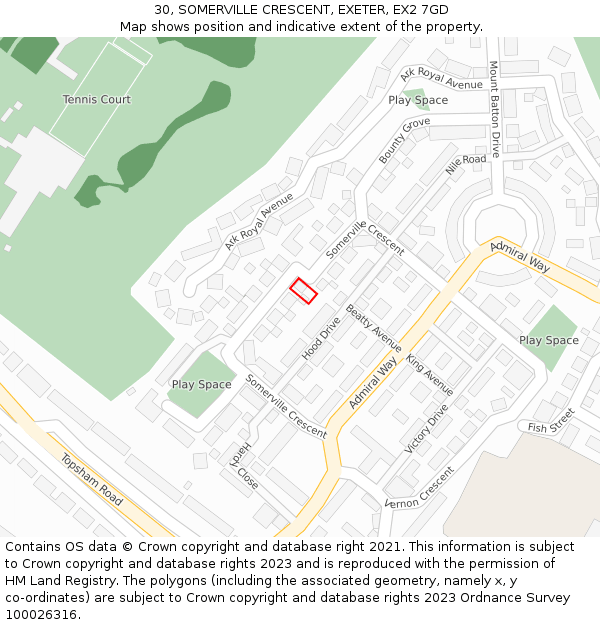 30, SOMERVILLE CRESCENT, EXETER, EX2 7GD: Location map and indicative extent of plot