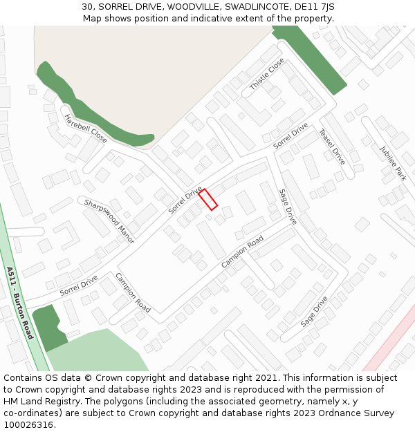 30, SORREL DRIVE, WOODVILLE, SWADLINCOTE, DE11 7JS: Location map and indicative extent of plot