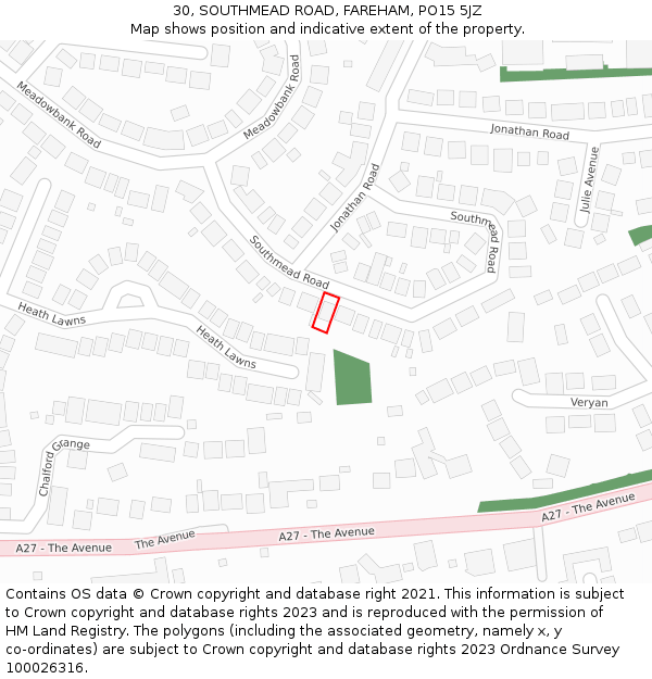 30, SOUTHMEAD ROAD, FAREHAM, PO15 5JZ: Location map and indicative extent of plot