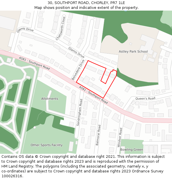 30, SOUTHPORT ROAD, CHORLEY, PR7 1LE: Location map and indicative extent of plot
