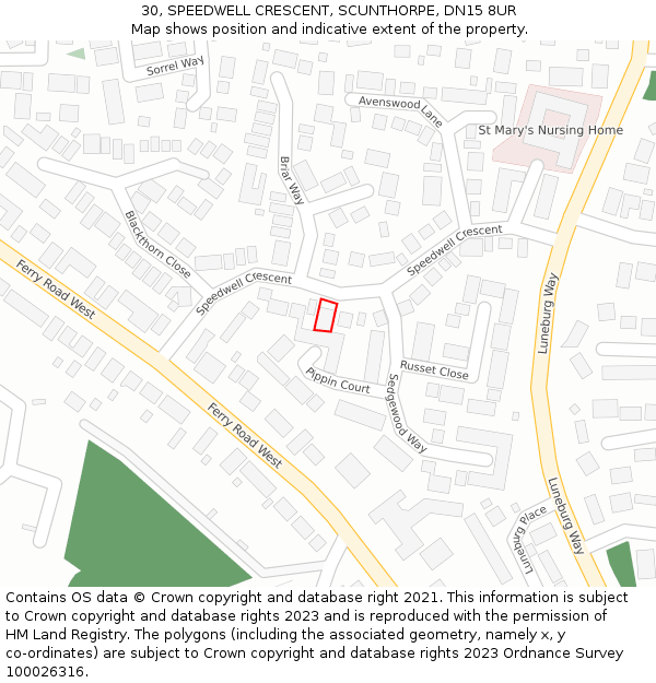 30, SPEEDWELL CRESCENT, SCUNTHORPE, DN15 8UR: Location map and indicative extent of plot
