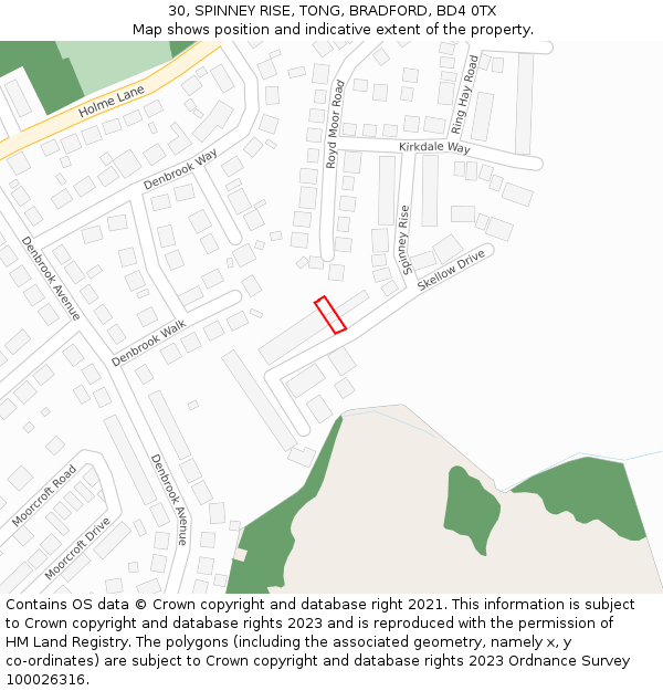30, SPINNEY RISE, TONG, BRADFORD, BD4 0TX: Location map and indicative extent of plot