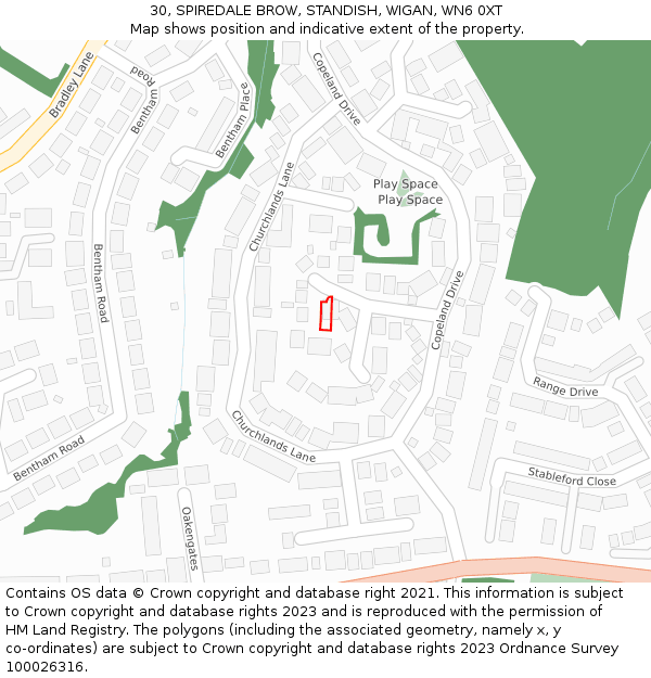 30, SPIREDALE BROW, STANDISH, WIGAN, WN6 0XT: Location map and indicative extent of plot