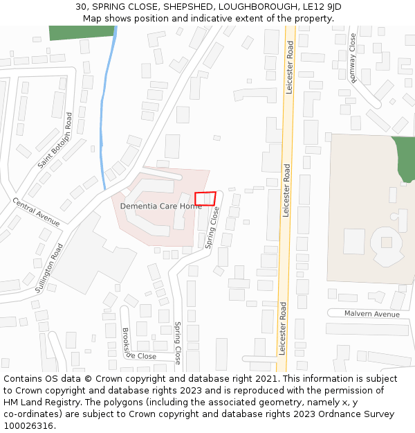 30, SPRING CLOSE, SHEPSHED, LOUGHBOROUGH, LE12 9JD: Location map and indicative extent of plot