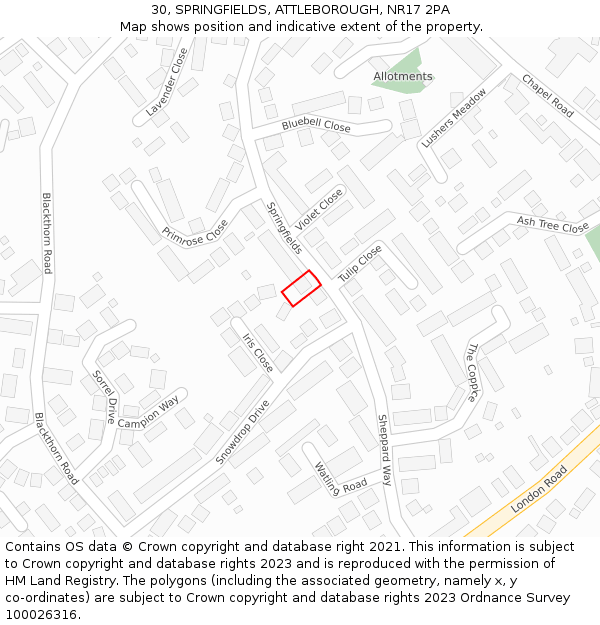 30, SPRINGFIELDS, ATTLEBOROUGH, NR17 2PA: Location map and indicative extent of plot