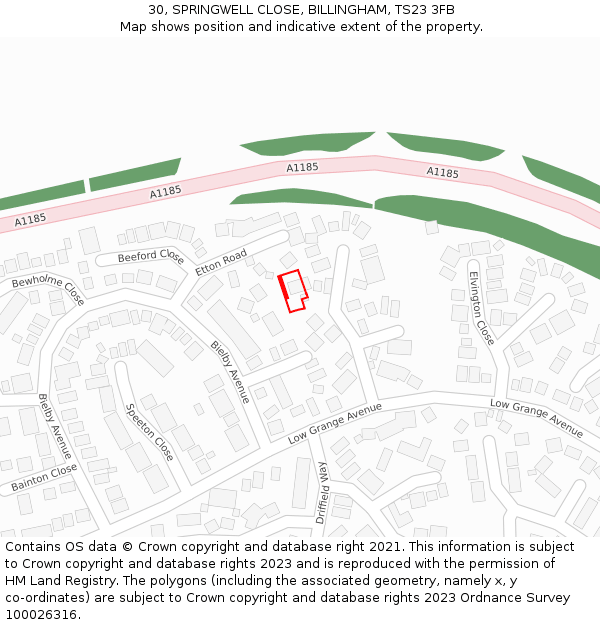 30, SPRINGWELL CLOSE, BILLINGHAM, TS23 3FB: Location map and indicative extent of plot