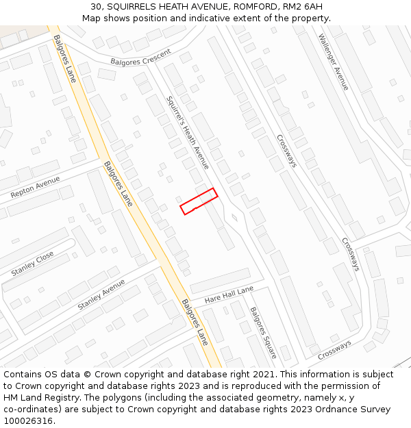 30, SQUIRRELS HEATH AVENUE, ROMFORD, RM2 6AH: Location map and indicative extent of plot