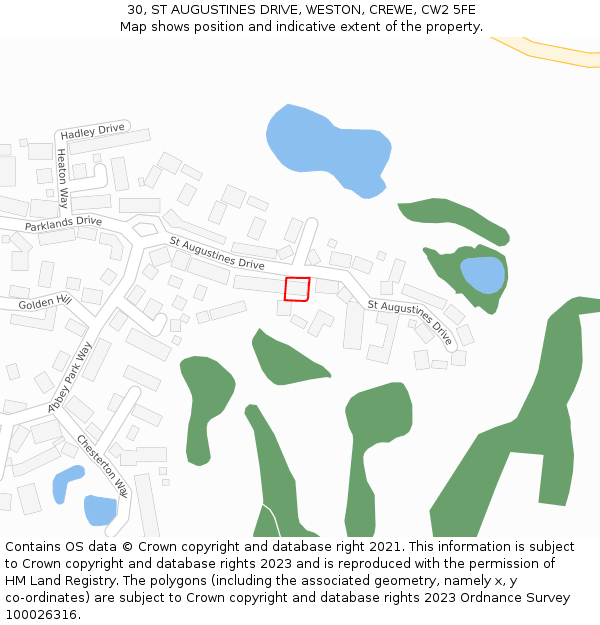 30, ST AUGUSTINES DRIVE, WESTON, CREWE, CW2 5FE: Location map and indicative extent of plot