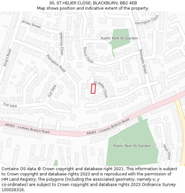 30, ST HELIER CLOSE, BLACKBURN, BB2 4EB: Location map and indicative extent of plot