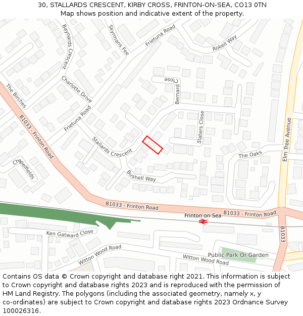 30, STALLARDS CRESCENT, KIRBY CROSS, FRINTON-ON-SEA, CO13 0TN: Location map and indicative extent of plot