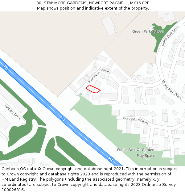 30, STANMORE GARDENS, NEWPORT PAGNELL, MK16 0PF: Location map and indicative extent of plot