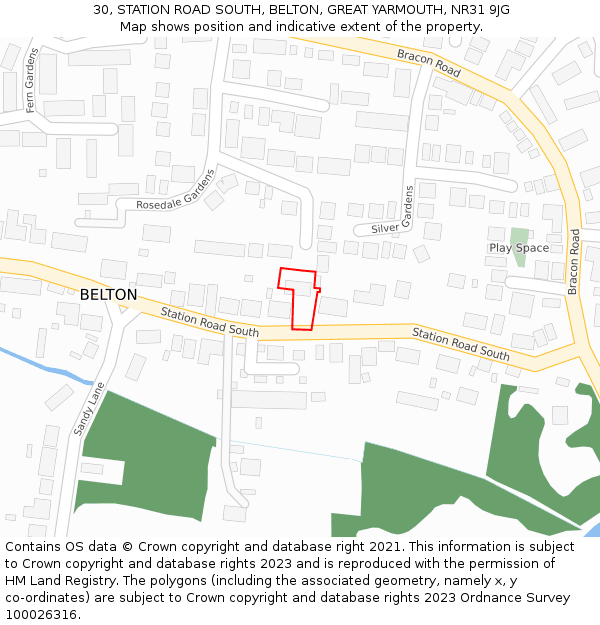 30, STATION ROAD SOUTH, BELTON, GREAT YARMOUTH, NR31 9JG: Location map and indicative extent of plot