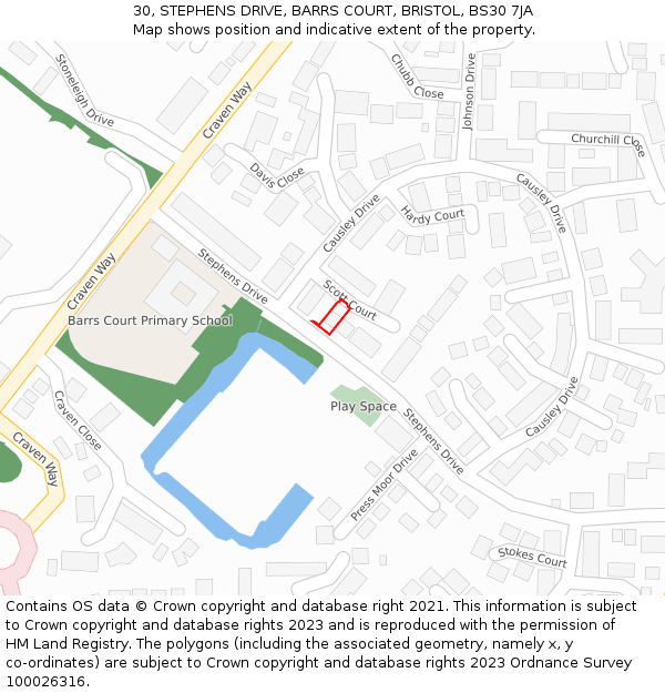 30, STEPHENS DRIVE, BARRS COURT, BRISTOL, BS30 7JA: Location map and indicative extent of plot