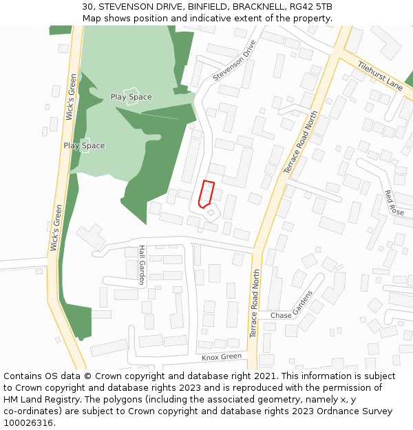 30, STEVENSON DRIVE, BINFIELD, BRACKNELL, RG42 5TB: Location map and indicative extent of plot