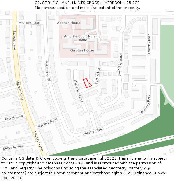 30, STIRLING LANE, HUNTS CROSS, LIVERPOOL, L25 9GF: Location map and indicative extent of plot
