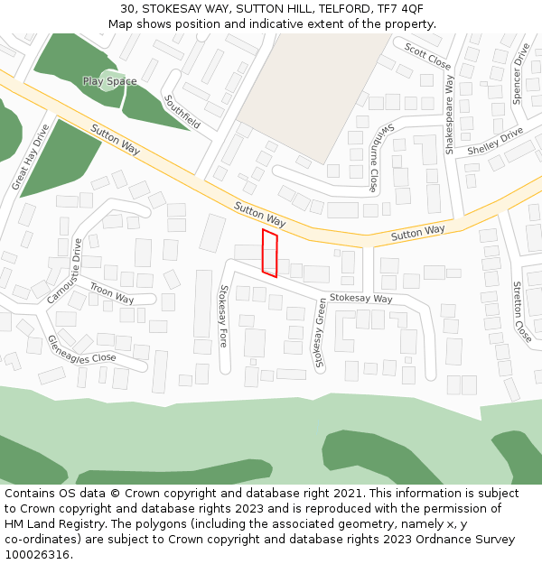 30, STOKESAY WAY, SUTTON HILL, TELFORD, TF7 4QF: Location map and indicative extent of plot
