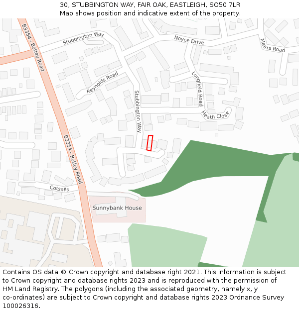 30, STUBBINGTON WAY, FAIR OAK, EASTLEIGH, SO50 7LR: Location map and indicative extent of plot