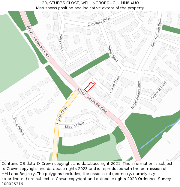 30, STUBBS CLOSE, WELLINGBOROUGH, NN8 4UQ: Location map and indicative extent of plot