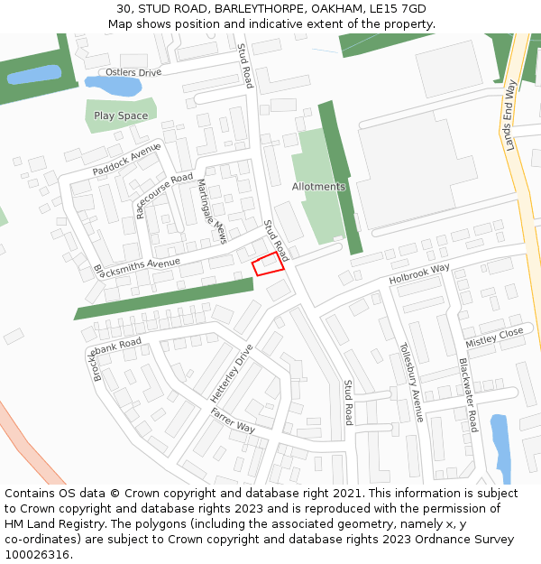 30, STUD ROAD, BARLEYTHORPE, OAKHAM, LE15 7GD: Location map and indicative extent of plot